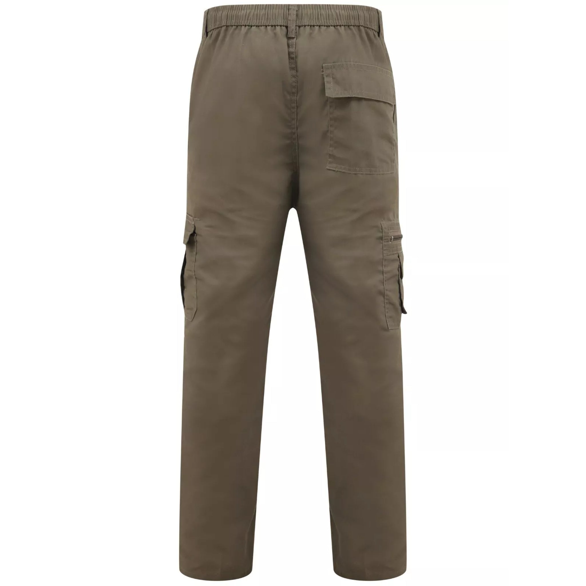 Men's light khaki green cargo utility trousers with side flap pockets, elasticated waistband, and belt loops – durable workwear or outdoor pants